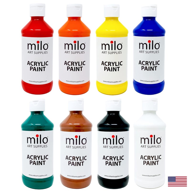 milo Acrylic Paint Set of 8 Colors | 8 oz Bottles | Student Primary Colors Acrylics Painting Pack | Made in the USA | Non-Toxic Art & Craft Paints for Artists, & Hobby Painters - Image 1